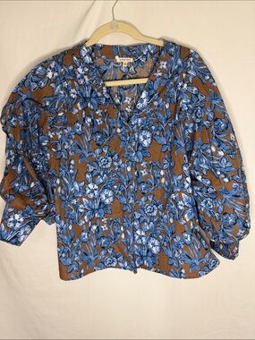 Jodifl Blue Floral Puff-Sleeve Blouse - Brown/Blue